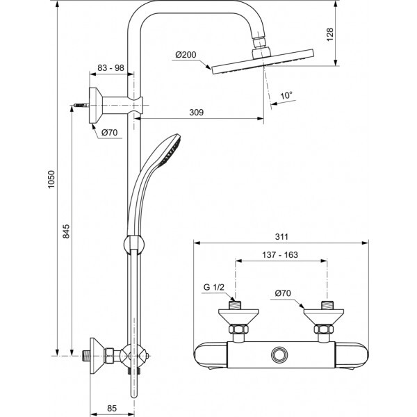 Второе изображеие товара Душевая система в комплекте с настенным термостатическим смесителем для душа с двумя выходами Ideal Standard IDEALRAIN ECO A6421AA 