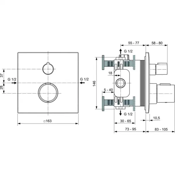 Второе изображеие товара Встраиваемый индивидуальный термостатический смеситель для душа Ideal Standard Ceratherm C100 A6956A5 